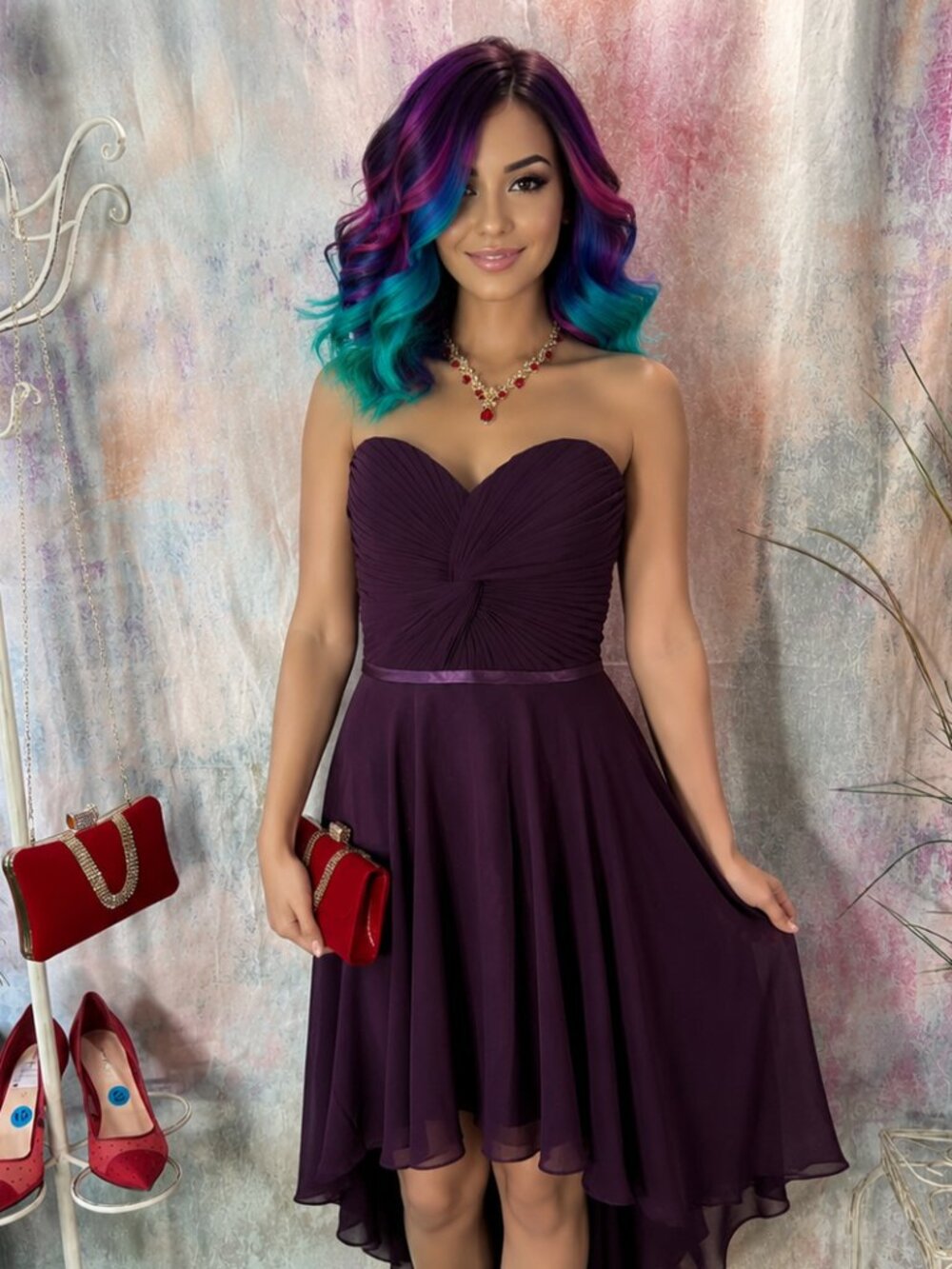 📌Cinderella Deep-Plum High-Low Strapless Chiffon Cocktail - Party Dress
